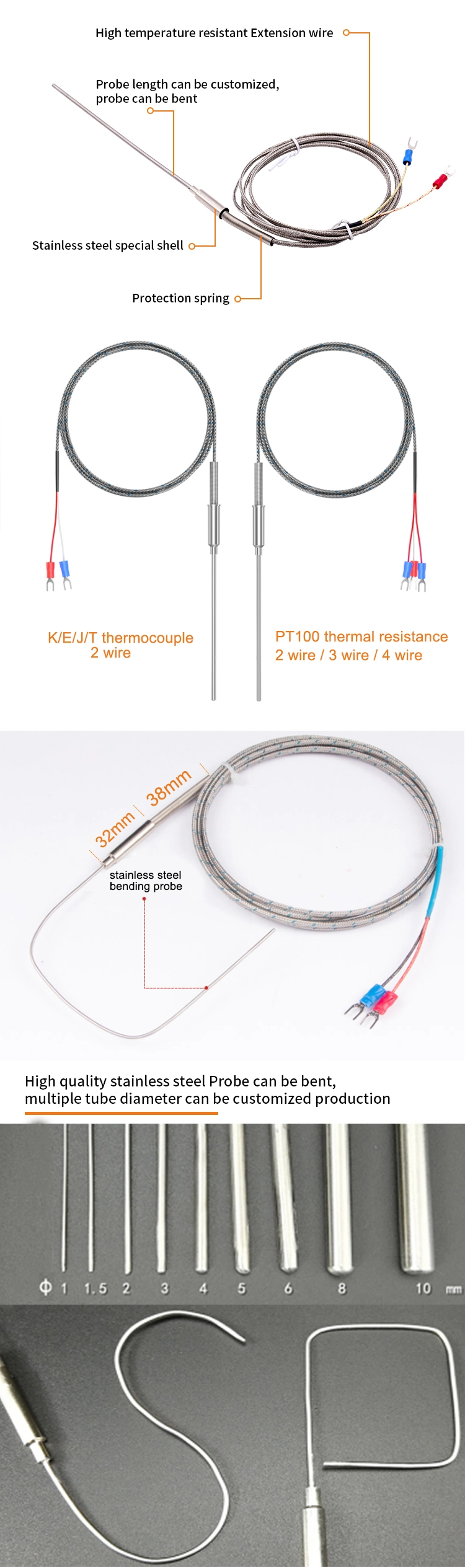 China Manufacture 1200c Stainless Steel Probe Industrial Gas Oven High Temperature Sensor Thermocouple K-Type